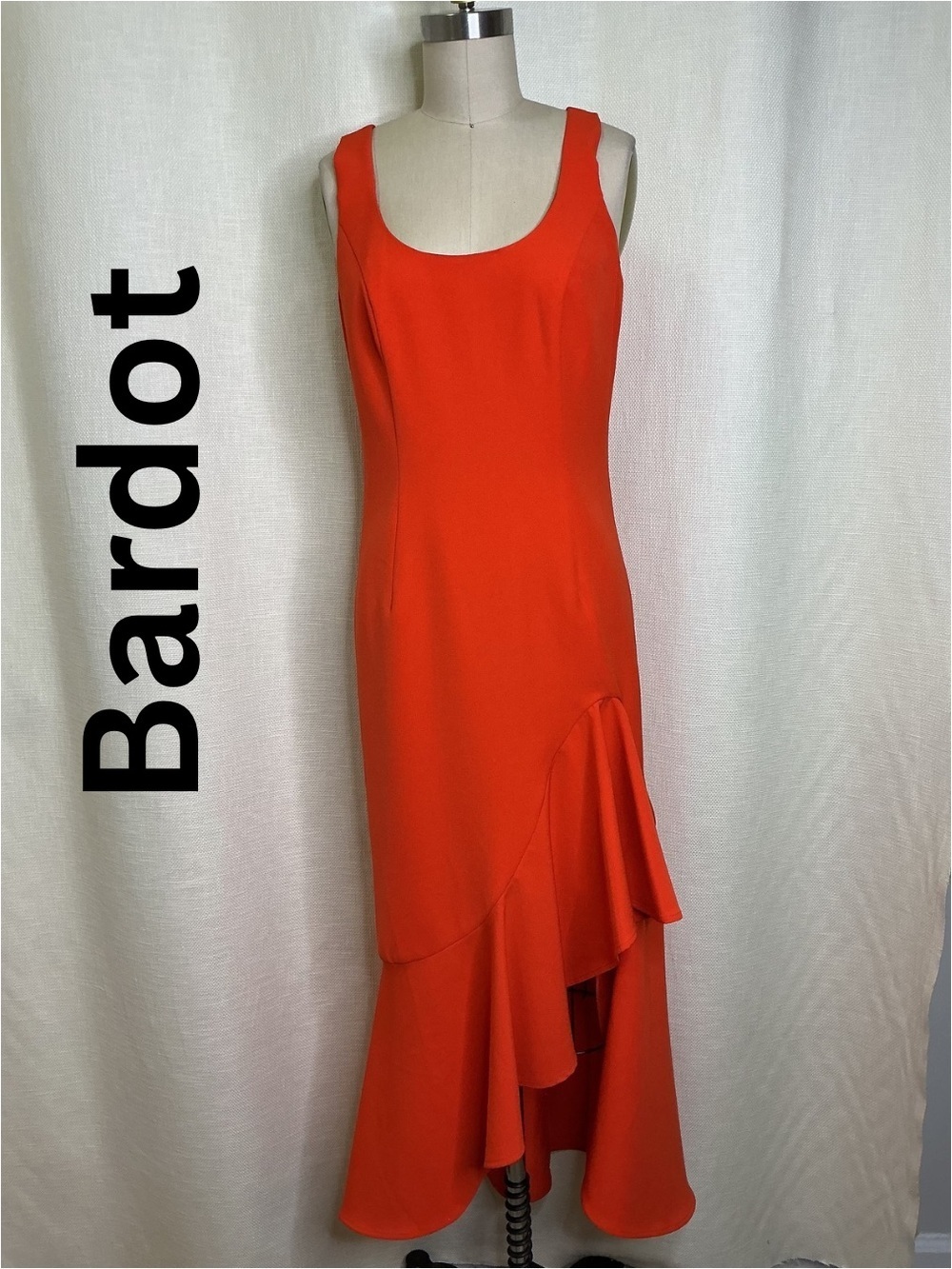 Bardot Red Asymmetrical Ruffle Midi Dress Sleeveless Size US 6 Elegant Chic